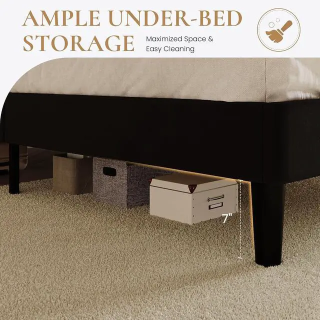 Alt view image 7 of 7 - Queen Bed Frame with LED Lights & 2-Tier Storage Headboard, Velvet Upholstered Platform Bed with Charging Station, Modern Wingback Design, Noise-Free, No Box Spring Needed, Black