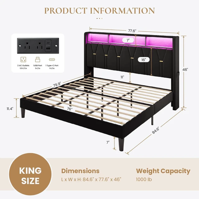Alt view image 2 of 7 - King Size Bed Frame with LED Lights & 2-Tier Storage Headboard, Velvet Upholstered Platform Bed with Charging Station, Modern Wingback Design, Noise-Free, No Box Spring Needed, Black
