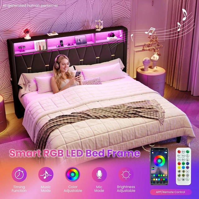 Alt view image 5 of 7 - King Size Bed Frame with LED Lights & 2-Tier Storage Headboard, Velvet Upholstered Platform Bed with Charging Station, Modern Wingback Design, Noise-Free, No Box Spring Needed, Black