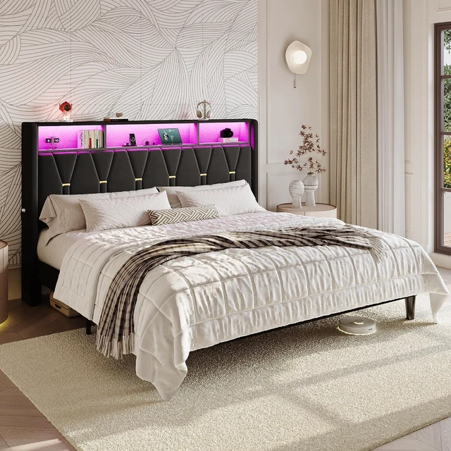 Alt view image 3 of 7 - King Size Bed Frame with LED Lights & 2-Tier Storage Headboard, Velvet Upholstered Platform Bed with Charging Station, Modern Wingback Design, Noise-Free, No Box Spring Needed, Black