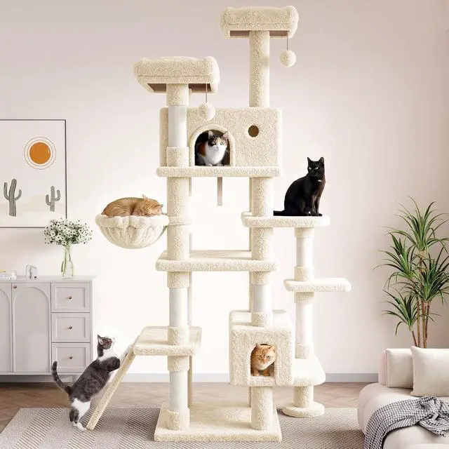 Alt view image 2 of 7 - 82 inch, Multi-Level Cat Tree Tower for Indoor Cats, Cat Condo with Sisal Scratching Posts, Plush Perches, Hammocks, Toy Balls, Beige