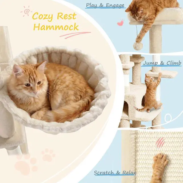 Alt view image 3 of 7 - 82 inch, Multi-Level Cat Tree Tower for Indoor Cats, Cat Condo with Sisal Scratching Posts, Plush Perches, Hammocks, Toy Balls, Beige