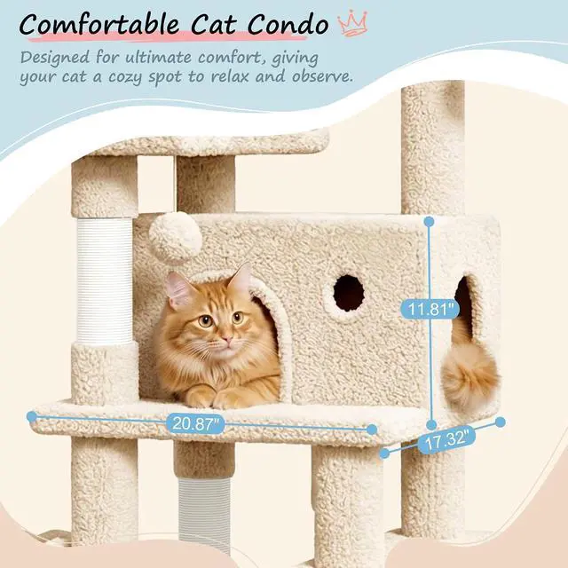 Alt view image 5 of 7 - 82 inch, Multi-Level Cat Tree Tower for Indoor Cats, Cat Condo with Sisal Scratching Posts, Plush Perches, Hammocks, Toy Balls, Beige
