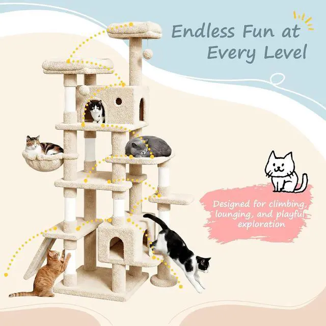 Alt view image 6 of 7 - 82 inch, Multi-Level Cat Tree Tower for Indoor Cats, Cat Condo with Sisal Scratching Posts, Plush Perches, Hammocks, Toy Balls, Beige