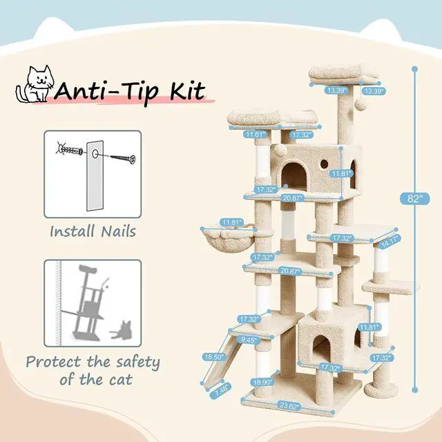 Alt view image 7 of 7 - 82 inch, Multi-Level Cat Tree Tower for Indoor Cats, Cat Condo with Sisal Scratching Posts, Plush Perches, Hammocks, Toy Balls, Beige