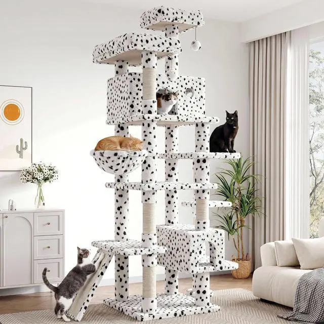 Main image of 82 inch, Multi-Level Cat Tree Tower for Indoor Cats, Cat Condo with Sisal Scratching Posts, Plush Perches, Hammocks, Toy Balls, White & Black Spot