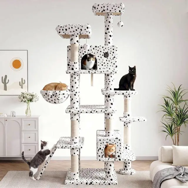 Alt view image 2 of 7 - 82 inch, Multi-Level Cat Tree Tower for Indoor Cats, Cat Condo with Sisal Scratching Posts, Plush Perches, Hammocks, Toy Balls, White & Black Spot
