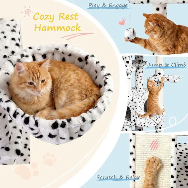 Alt view image 3 of 7 - 82 inch, Multi-Level Cat Tree Tower for Indoor Cats, Cat Condo with Sisal Scratching Posts, Plush Perches, Hammocks, Toy Balls, White & Black Spot