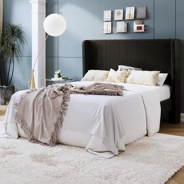 Alt view image 3 of 7 - Full Size Corduroy Upholstered Platform Bed Frame with Vertical Channel Tufted Wingback Headboard, 8" Under Bed Storage, Wooden Slats & Metal Frame Support, Easy Assembly, Black