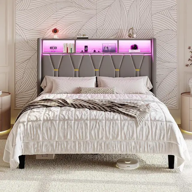 Main image of Queen Bed Frame with LED Lights & 2-Tier Storage Headboard, Velvet Upholstered Platform Bed with Charging Station, Modern Wingback Design, Noise-Free, No Box Spring Needed, Grey