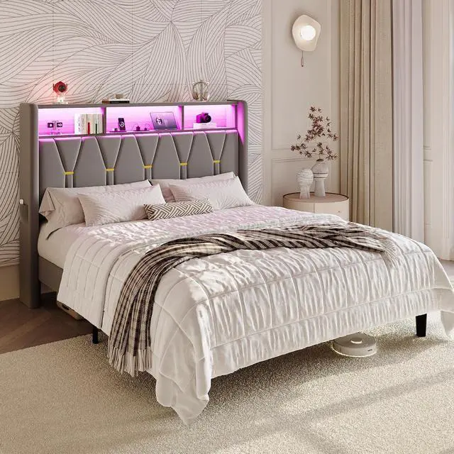 Alt view image 3 of 7 - Queen Bed Frame with LED Lights & 2-Tier Storage Headboard, Velvet Upholstered Platform Bed with Charging Station, Modern Wingback Design, Noise-Free, No Box Spring Needed, Grey