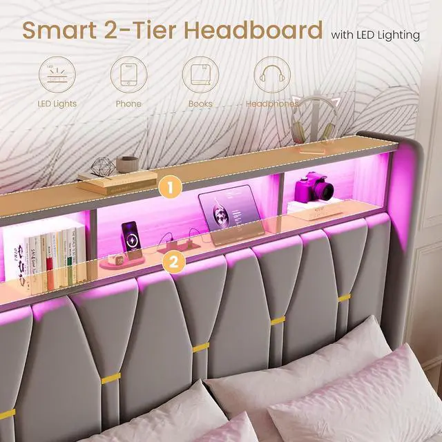 Alt view image 4 of 7 - Queen Bed Frame with LED Lights & 2-Tier Storage Headboard, Velvet Upholstered Platform Bed with Charging Station, Modern Wingback Design, Noise-Free, No Box Spring Needed, Grey