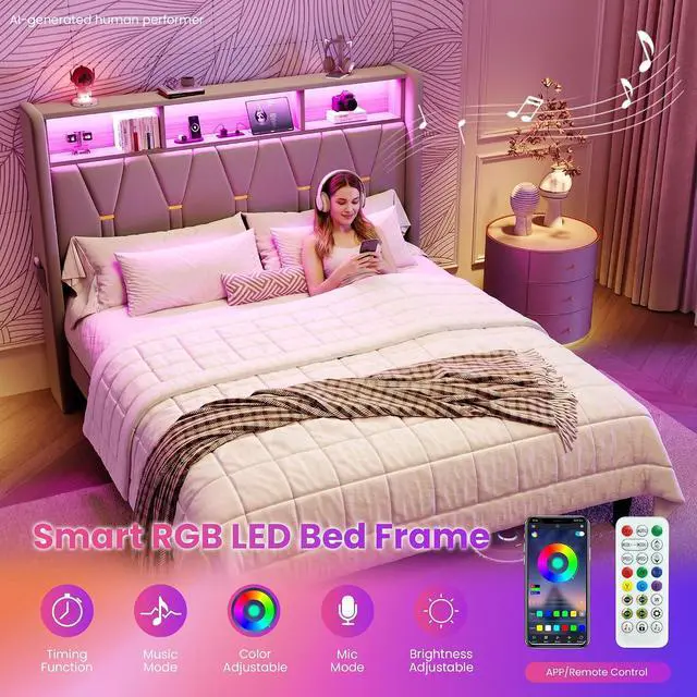 Alt view image 5 of 7 - Queen Bed Frame with LED Lights & 2-Tier Storage Headboard, Velvet Upholstered Platform Bed with Charging Station, Modern Wingback Design, Noise-Free, No Box Spring Needed, Grey