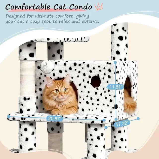 Alt view image 5 of 7 - 82 inch, Multi-Level Cat Tree Tower for Indoor Cats, Cat Condo with Sisal Scratching Posts, Plush Perches, Hammocks, Toy Balls, White & Black Spot