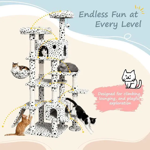 Alt view image 6 of 7 - 82 inch, Multi-Level Cat Tree Tower for Indoor Cats, Cat Condo with Sisal Scratching Posts, Plush Perches, Hammocks, Toy Balls, White & Black Spot