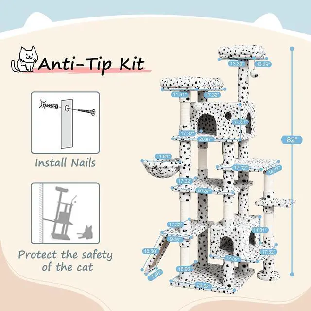 Alt view image 7 of 7 - 82 inch, Multi-Level Cat Tree Tower for Indoor Cats, Cat Condo with Sisal Scratching Posts, Plush Perches, Hammocks, Toy Balls, White & Black Spot