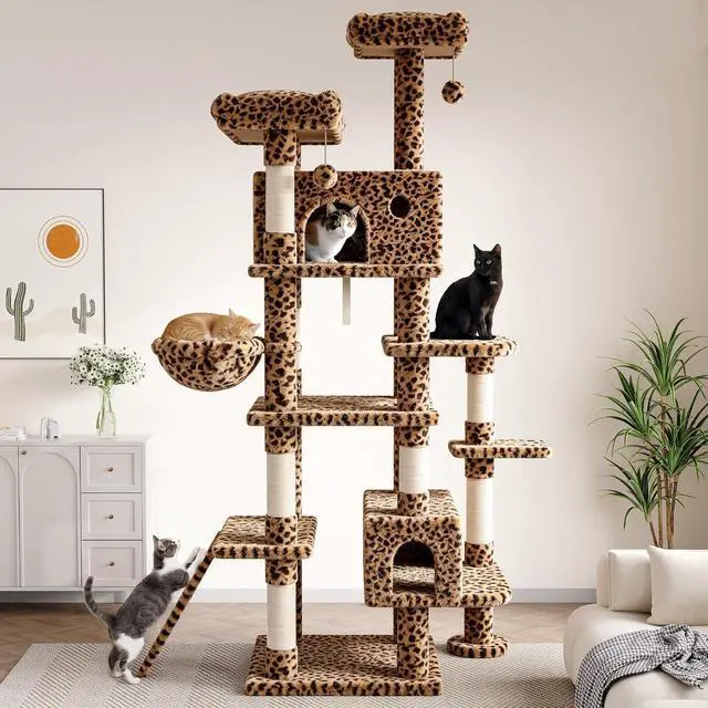 Alt view image 2 of 7 - 82 inch, Multi-Level Cat Tree Tower for Indoor Cats, Cat Condo with Sisal Scratching Posts, Plush Perches, Hammocks, Toy Balls, Leopard Print