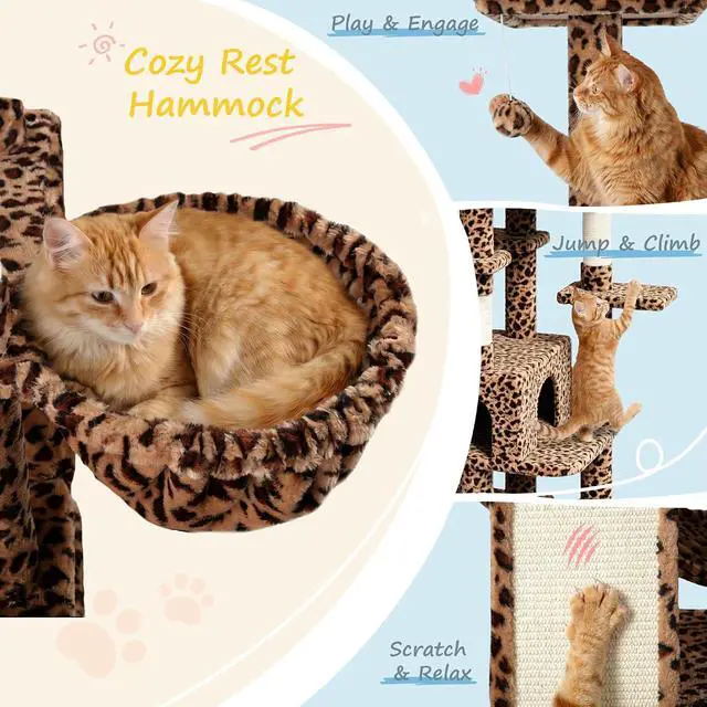 Alt view image 3 of 7 - 82 inch, Multi-Level Cat Tree Tower for Indoor Cats, Cat Condo with Sisal Scratching Posts, Plush Perches, Hammocks, Toy Balls, Leopard Print