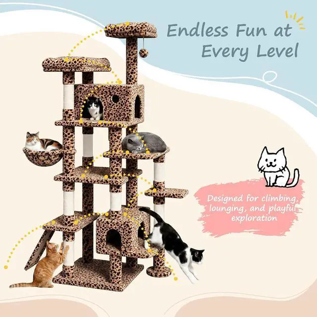 Alt view image 6 of 7 - 82 inch, Multi-Level Cat Tree Tower for Indoor Cats, Cat Condo with Sisal Scratching Posts, Plush Perches, Hammocks, Toy Balls, Leopard Print