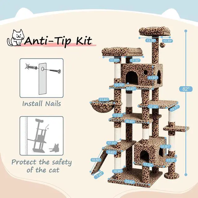 Alt view image 7 of 7 - 82 inch, Multi-Level Cat Tree Tower for Indoor Cats, Cat Condo with Sisal Scratching Posts, Plush Perches, Hammocks, Toy Balls, Leopard Print