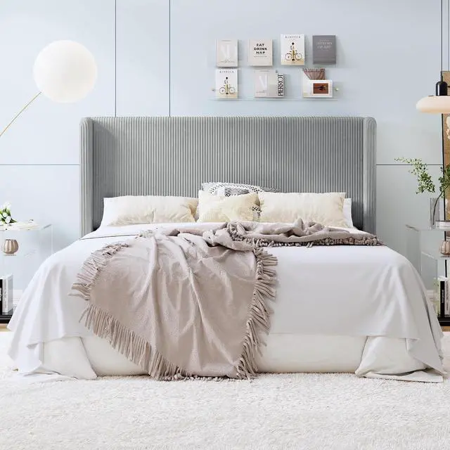Main image of King Size Corduroy Upholstered Platform Bed Frame with Vertical Channel Tufted Wingback Headboard, 8" Under Bed Storage, Wooden Slats & Metal Frame Support, Easy Assembly, Light Grey