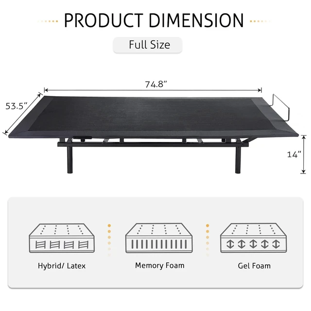 Alt view image 2 of 7 - Electric Adjustable Bed Base, Ergonomic Basic Full Size Bed Frame with Upgraded Motors and Wireless Remote Control, Independent Head and Foot Incline, Assembly Required
