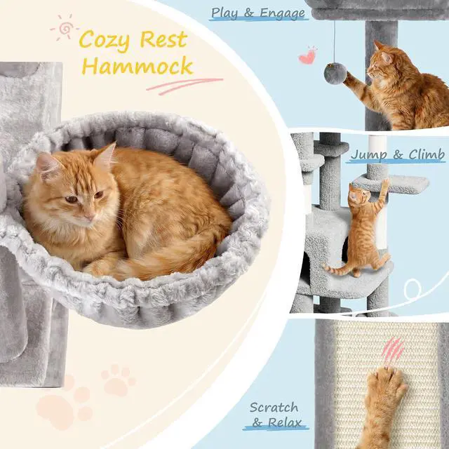 Alt view image 3 of 7 - 82 inch, Multi-Level Cat Tree Tower for Indoor Cats, Cat Condo with Sisal Scratching Posts, Plush Perches, Hammocks, Toy BallsGrey