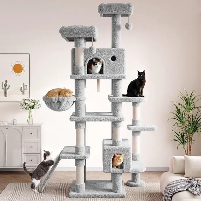 Alt view image 2 of 7 - 82 inch, Multi-Level Cat Tree Tower for Indoor Cats, Cat Condo with Sisal Scratching Posts, Plush Perches, Hammocks, Toy BallsGrey