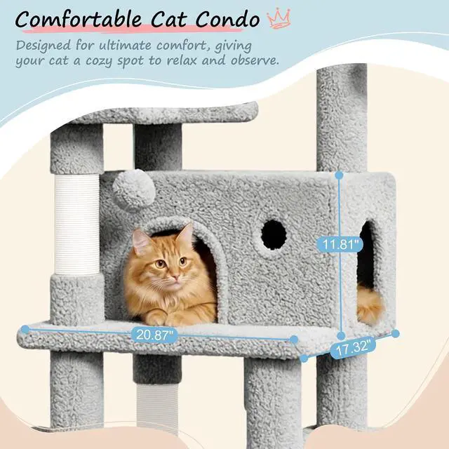 Alt view image 5 of 7 - 82 inch, Multi-Level Cat Tree Tower for Indoor Cats, Cat Condo with Sisal Scratching Posts, Plush Perches, Hammocks, Toy BallsGrey