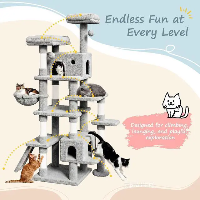 Alt view image 6 of 7 - 82 inch, Multi-Level Cat Tree Tower for Indoor Cats, Cat Condo with Sisal Scratching Posts, Plush Perches, Hammocks, Toy BallsGrey