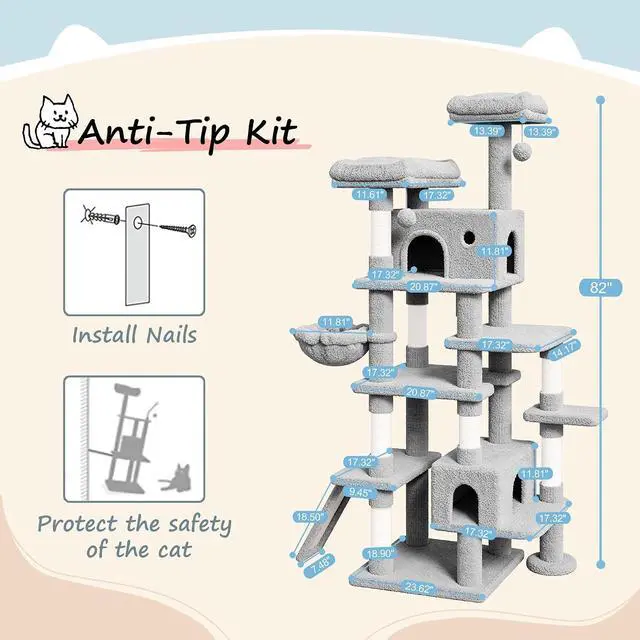 Alt view image 7 of 7 - 82 inch, Multi-Level Cat Tree Tower for Indoor Cats, Cat Condo with Sisal Scratching Posts, Plush Perches, Hammocks, Toy BallsGrey