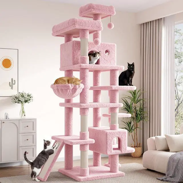 Main image of 82 inch, Multi-Level Cat Tree Tower for Indoor Cats, Cat Condo with Sisal Scratching Posts, Plush Perches, Hammocks, Toy Balls, Pink