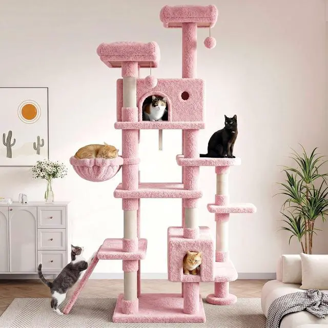 Alt view image 2 of 7 - 82 inch, Multi-Level Cat Tree Tower for Indoor Cats, Cat Condo with Sisal Scratching Posts, Plush Perches, Hammocks, Toy Balls, Pink