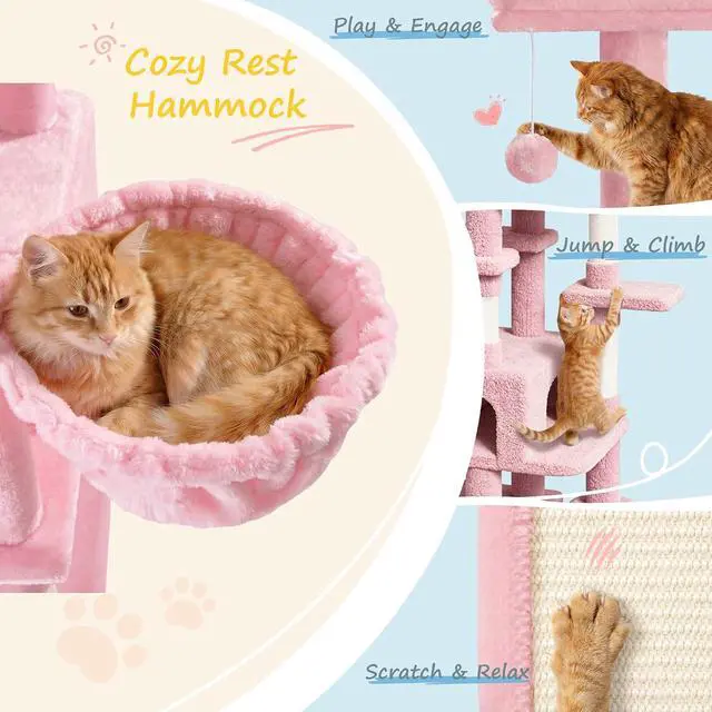 Alt view image 3 of 7 - 82 inch, Multi-Level Cat Tree Tower for Indoor Cats, Cat Condo with Sisal Scratching Posts, Plush Perches, Hammocks, Toy Balls, Pink