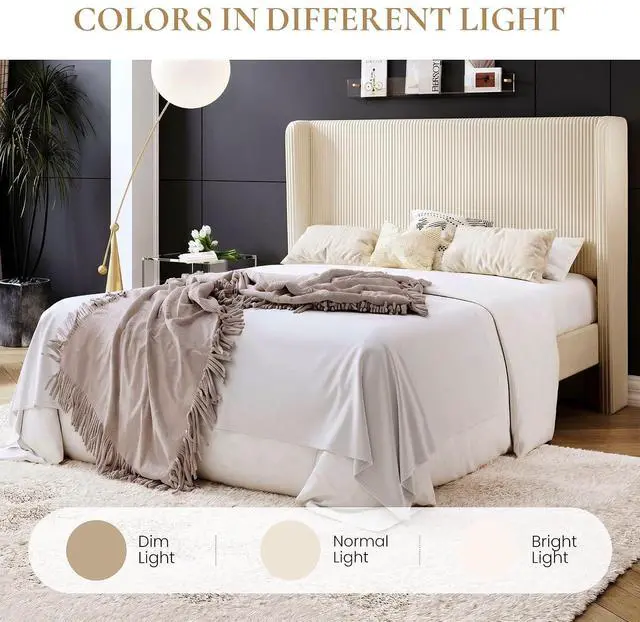 Alt view image 3 of 7 - Full Size Corduroy Upholstered Platform Bed Frame with Vertical Channel Tufted Wingback Headboard, 8" Under-Bed Storage, Wooden Slats and Metal Frame Support, Easy Assembly, Cream