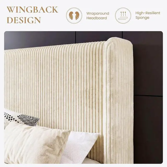 Alt view image 4 of 7 - Full Size Corduroy Upholstered Platform Bed Frame with Vertical Channel Tufted Wingback Headboard, 8" Under-Bed Storage, Wooden Slats and Metal Frame Support, Easy Assembly, Cream
