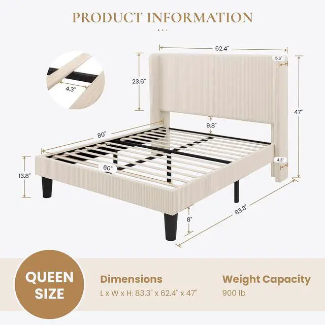 Alt view image 2 of 7 - Queen Size Corduroy Upholstered Platform Bed Frame with Vertical Channel Tufted Wingback Headboard, 8" Under-Bed Storage, Wooden Slats and Metal Frame Support, Easy Assembly, Cream