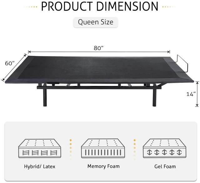 Alt view image 2 of 7 - Electric Adjustable Bed Base, Ergonomic Basic Queen Size Bed Frame with Upgraded Motors and Wireless Remote Control, Independent Head and Foot Incline, Assembly Required