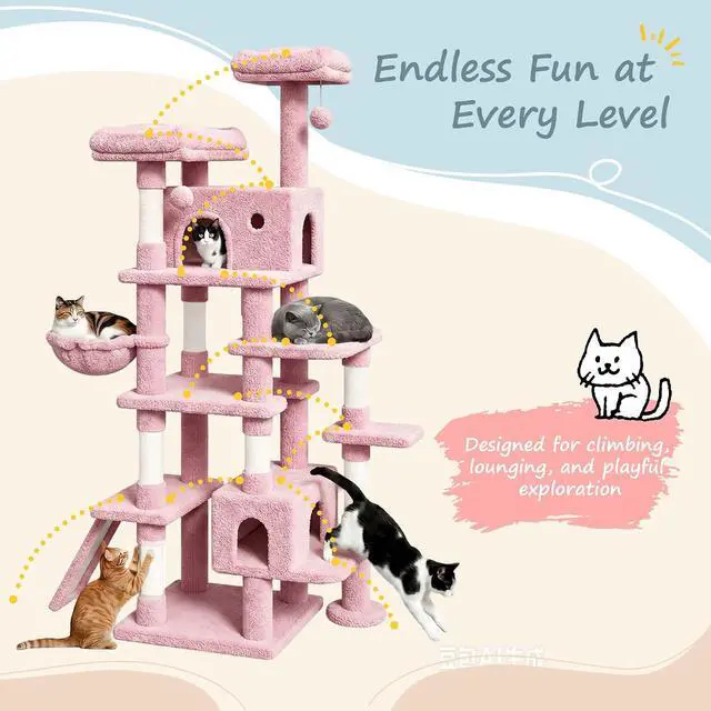 Alt view image 6 of 7 - 82 inch, Multi-Level Cat Tree Tower for Indoor Cats, Cat Condo with Sisal Scratching Posts, Plush Perches, Hammocks, Toy Balls, Pink