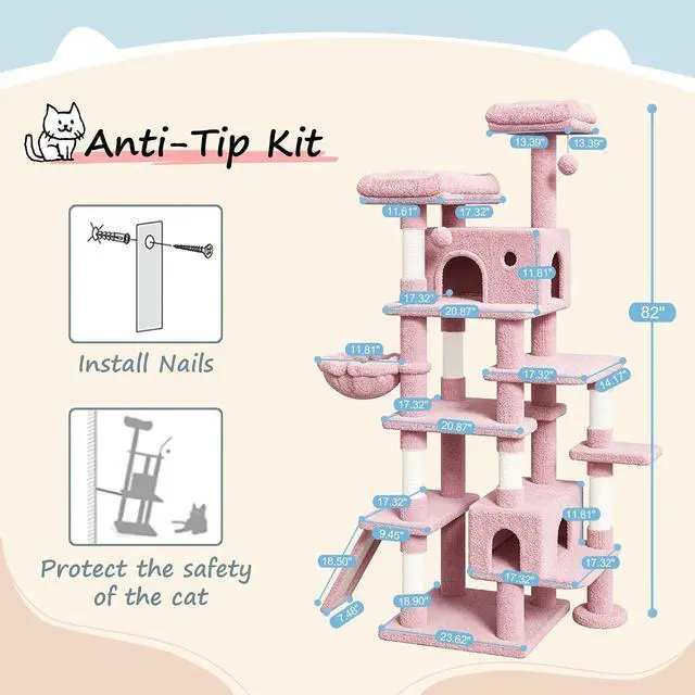 Alt view image 7 of 7 - 82 inch, Multi-Level Cat Tree Tower for Indoor Cats, Cat Condo with Sisal Scratching Posts, Plush Perches, Hammocks, Toy Balls, Pink