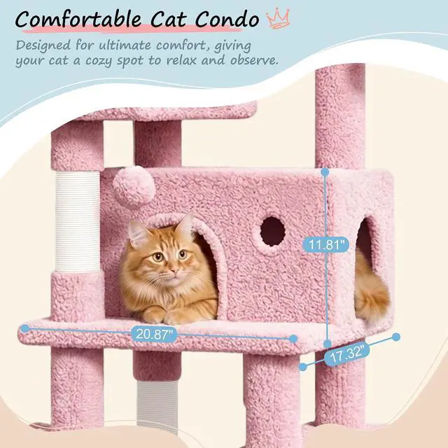 Alt view image 5 of 7 - 82 inch, Multi-Level Cat Tree Tower for Indoor Cats, Cat Condo with Sisal Scratching Posts, Plush Perches, Hammocks, Toy Balls, Pink