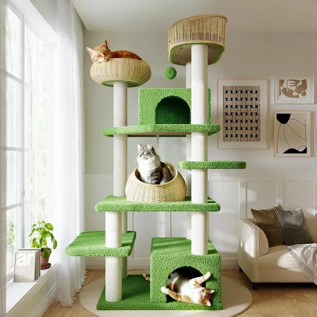 Main image of 74 Modern Forest-Themed Cat Tree with Handwoven Rattan Perches, Plush Cat Condos, Sisal Scratching Posts, Interactive Ball Toy & Stable Base, Suitable for Indoor Feline