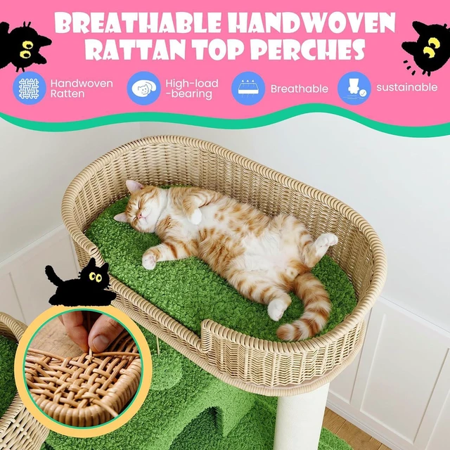 Alt view image 3 of 7 - 74 Modern Forest-Themed Cat Tree with Handwoven Rattan Perches, Plush Cat Condos, Sisal Scratching Posts, Interactive Ball Toy & Stable Base, Suitable for Indoor Feline