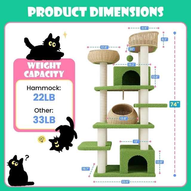 Alt view image 6 of 7 - 74 Modern Forest-Themed Cat Tree with Handwoven Rattan Perches, Plush Cat Condos, Sisal Scratching Posts, Interactive Ball Toy & Stable Base, Suitable for Indoor Feline