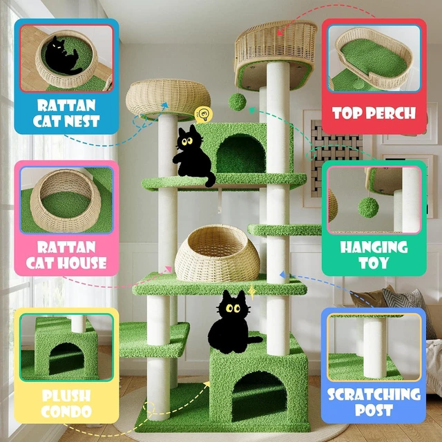Alt view image 5 of 7 - 74 Modern Forest-Themed Cat Tree with Handwoven Rattan Perches, Plush Cat Condos, Sisal Scratching Posts, Interactive Ball Toy & Stable Base, Suitable for Indoor Feline