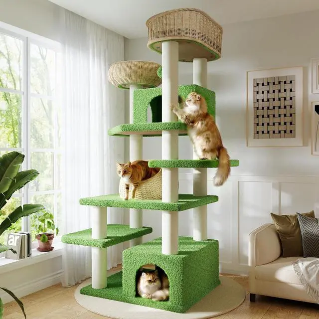 Alt view image 2 of 7 - 74 Modern Forest-Themed Cat Tree with Handwoven Rattan Perches, Plush Cat Condos, Sisal Scratching Posts, Interactive Ball Toy & Stable Base, Suitable for Indoor Feline