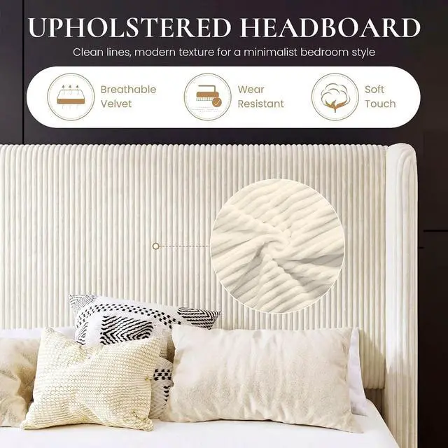Alt view image 5 of 7 - Full Size Corduroy Upholstered Platform Bed Frame with Vertical Channel Tufted Wingback Headboard, 8" Under-Bed Storage, Wooden Slats and Metal Frame Support, Easy Assembly, Cream