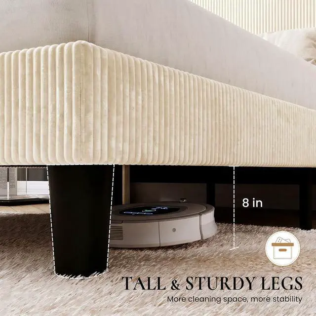Alt view image 6 of 7 - Full Size Corduroy Upholstered Platform Bed Frame with Vertical Channel Tufted Wingback Headboard, 8" Under-Bed Storage, Wooden Slats and Metal Frame Support, Easy Assembly, Cream