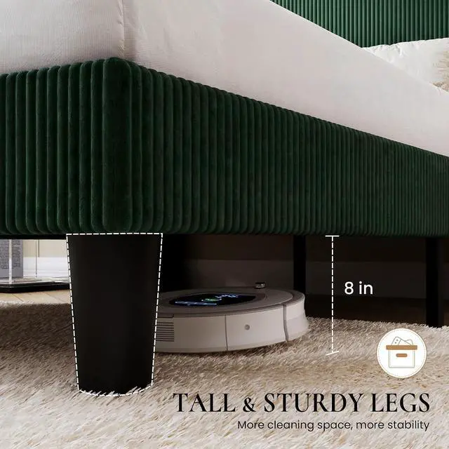 Alt view image 6 of 7 - King Size Corduroy Upholstered Platform Bed Frame with Vertical Channel Tufted Wingback Headboard, 8" Under Bed Storage, Wooden Slats & Metal Frame Support, Easy Assembly, Dark Green