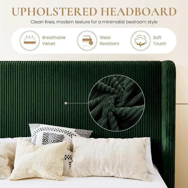 Alt view image 4 of 7 - King Size Corduroy Upholstered Platform Bed Frame with Vertical Channel Tufted Wingback Headboard, 8" Under Bed Storage, Wooden Slats & Metal Frame Support, Easy Assembly, Dark Green